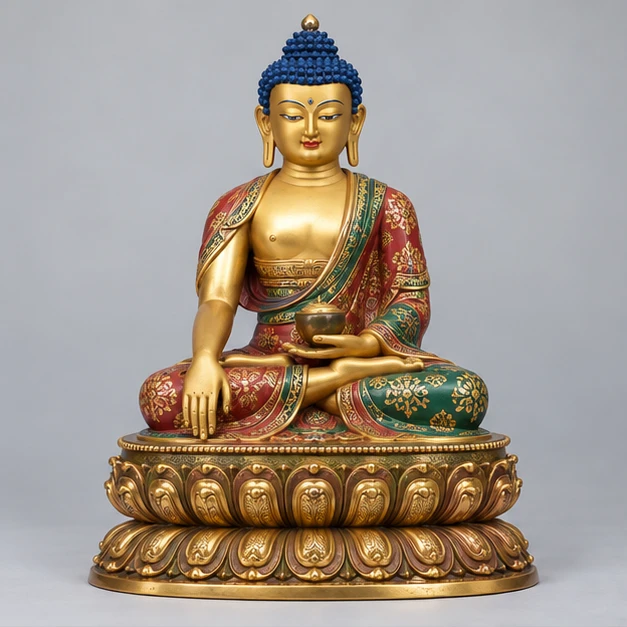Illustrative copper Buddha with painted robes and a golden lotus base